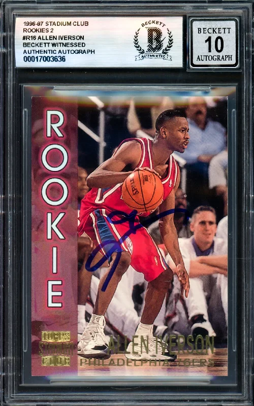 Basketball cards cold-rare -Allen Iverson Autographed 1996-97 Stadium Club Rookies Rookie Card #R16 Philadelphia 76ers Auto Grade Gem Mint 10 Beckett BAS Witness #17003636