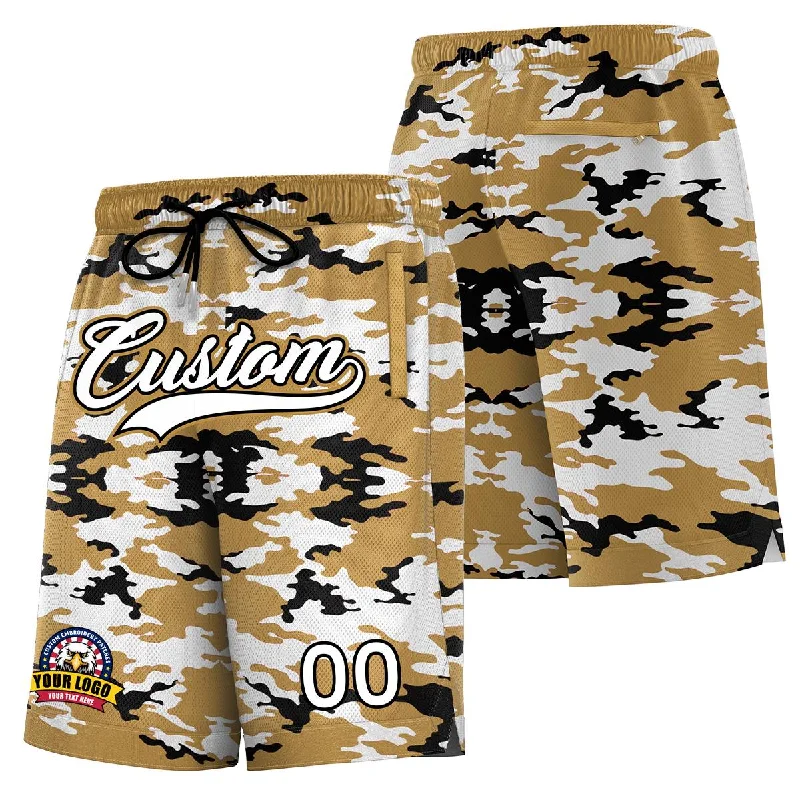 Men's basketball shorts player sale -Custom Gold White Black Camo Basketball Shorts