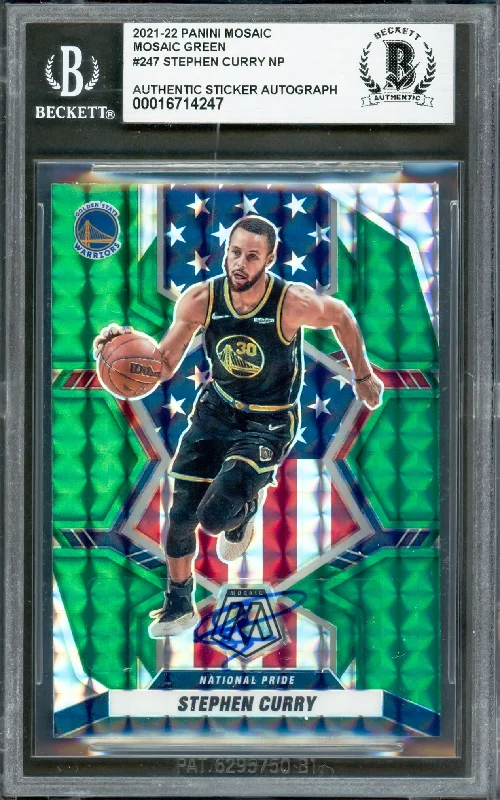 Basketball cards low-supply-rarity -Stephen Curry Autographed 2021-22 Panini Mosaic Green Prizm Card #247 Golden State Warriors Beckett BAS #16714247