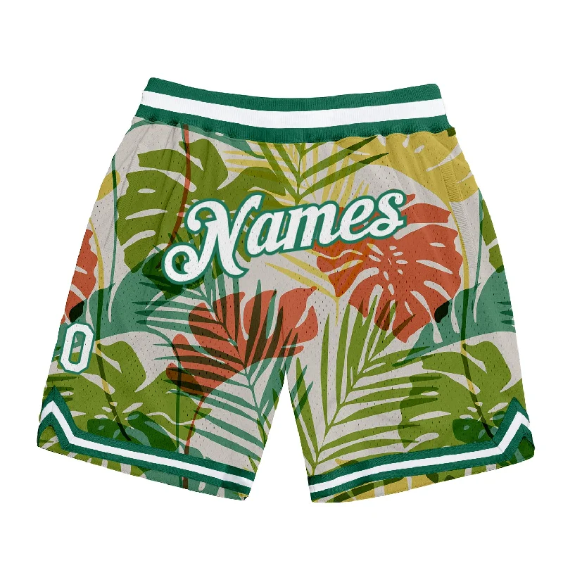 Men's basketball shorts player set -Custom White White-Kelly Green 3D Pattern Design Palm Trees Authentic Basketball Shorts