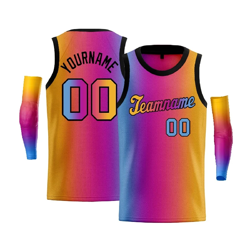 Basketball jerseys trendy -Custom Light Blue Yellow-Black Gradient Fashion Tops Basketball Jersey