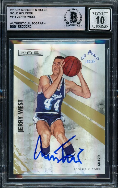 Basketball cards trusted-rare -Jerry West Autographed 2010-11 Rookies & Stars Gold Holofoil Card #115 Card Los Angeles Lakers Auto Grade Gem Mint 10 Beckett BAS