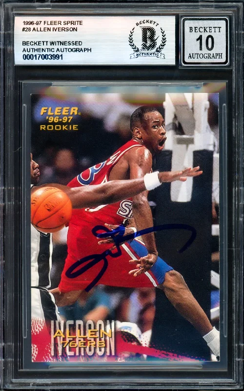 Basketball cards legacy-rarity -Allen Iverson Autographed 1996-97 Fleer Sprite Rookie Card #28 Philadelphia 76ers Auto Grade Gem Mint 10 Beckett BAS Witness #17003991