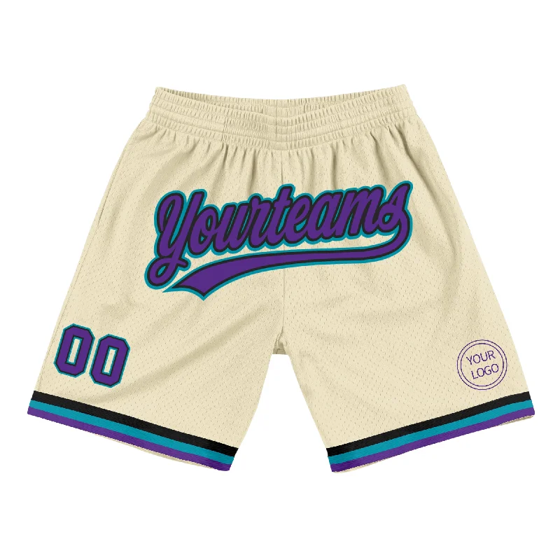 Men's basketball shorts training essential -Custom Cream Purple Black-Teal Authentic Throwback Basketball Shorts