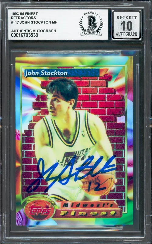 Basketball cards overvalued-rarity -John Stockton Autographed 1993-94 Topps Finest Refractor Card #117 Utah Jazz Auto Grade Gem Mint 10 Beckett BAS #16703539