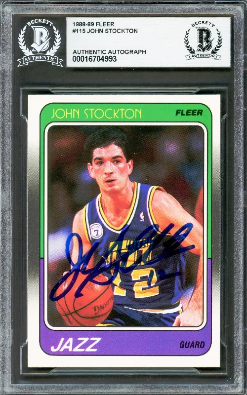 Basketball cards platinum-edition -John Stockton Autographed 1988-89 Fleer Rookie Card #115 Utah Jazz Beckett BAS #16704993