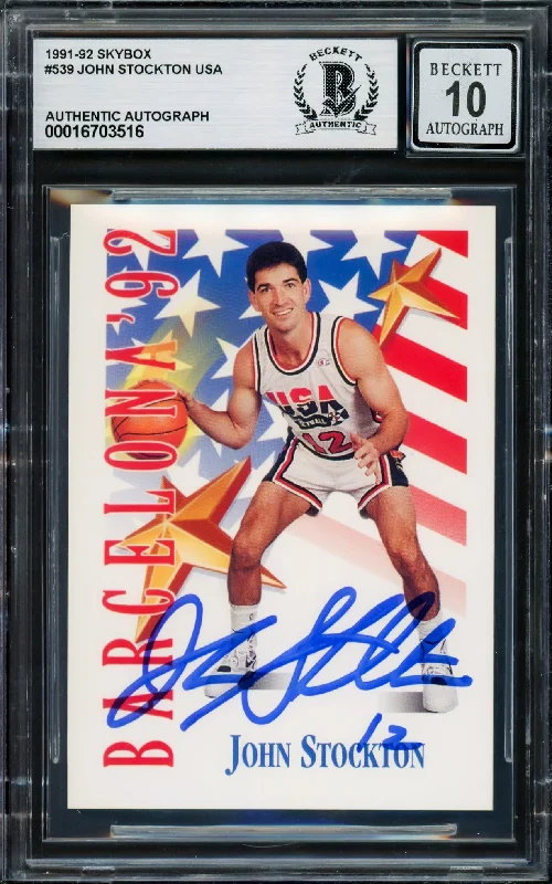 Basketball cards trophy-rarity -John Stockton Autographed 1991-92 Skybox Card #539 USA Dream Team Auto Grade Gem Mint 10 Beckett BAS #16703516