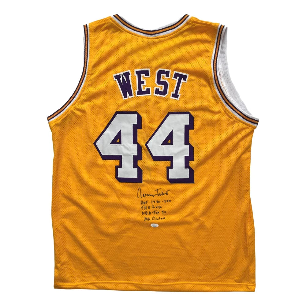 Basketball jerseys trendy -Jerry West Signed Multi Inscribed Los Angeles Lakers Jersey COA JSA Autograph