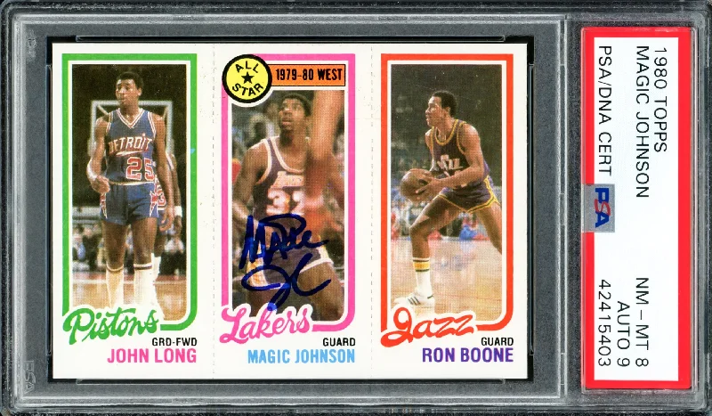 Basketball cards signature-classic -Magic Johnson Autographed 1980 Topps Rookie Card #18 Los Angeles Lakers PSA 8 Auto Grade Mint 9 PSA/DNA #42415403