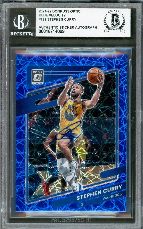 Basketball cards rookie-sensation -Stephen Curry Autographed 2021-22 Donruss Optic Blue Velocity Prizm Card #128 Golden State Warriors Beckett BAS #16714099