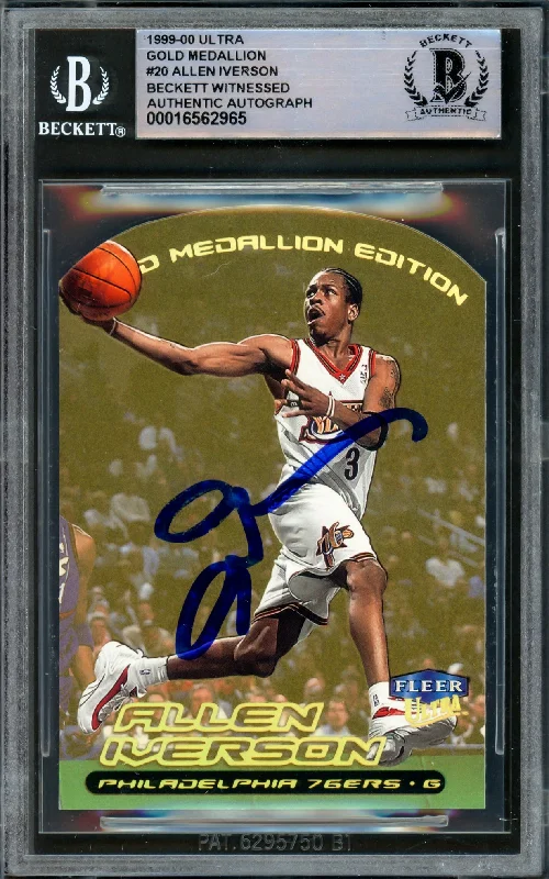 Basketball cards online-rare -Allen Iverson Autographed 1999-00 Fleer Ultra Gold Medallion Card #20 Philadelphia 76ers Beckett BAS Witness #16562965