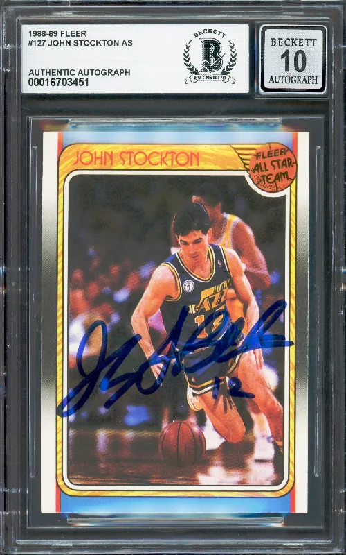 Basketball cards reputable-rarity -John Stockton Autographed 1988-89 Fleer Rookie Card #127 Utah Jazz Auto Grade Gem Mint 10 Beckett BAS #16703451