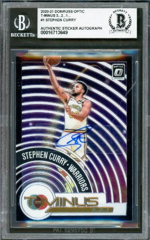 Basketball cards retail-rarity -Stephen Curry Autographed 2020-21 Donruss Optic T-Minus Card #1 Golden State Warriors Beckett BAS #16713649