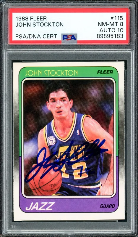 Basketball cards game-winner-rarity -John Stockton Autographed 1988-89 Fleer Rookie Card #115 Utah Jazz PSA 8 Auto Grade Gem Mint 10 PSA/DNA #89895183