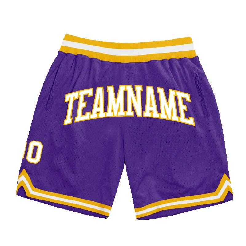 Men's basketball shorts team patches -Custom Purple White-Gold Authentic Throwback Basketball Shorts