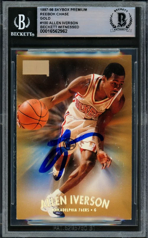 Basketball cards reprint-classic -Allen Iverson Autographed 1997-98 Skybox Premium Reebok Gold Card #100 Philadelphia 76ers Beckett BAS Witnessed #16562962