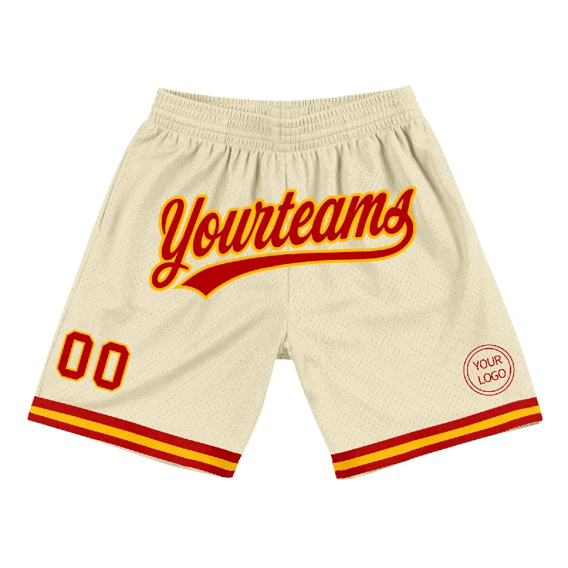 Men's basketball shorts elastic waist -Custom Cream Red-Gold Authentic Throwback Basketball Shorts