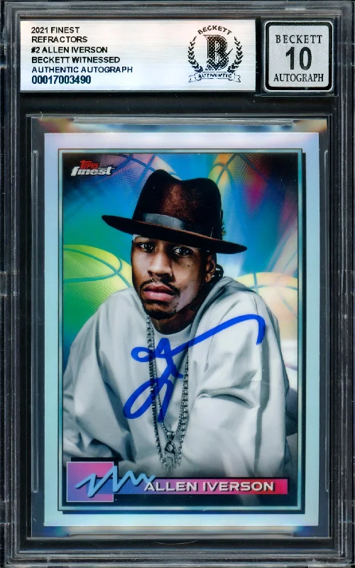 Basketball cards on-court-rare -Allen Iverson Autographed 2021 Finest Refractors Card #2 Philadelphia 76ers Auto Grade Gem Mint 10 Beckett BAS Witness #17003490