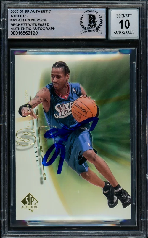 Basketball cards championship-tribute -Allen Iverson Autographed 2000-01 SP Authentic Athletic Card #A1 Philadelphia 76ers Auto Grade Gem Mint 10 Beckett BAS Witnessed #16562120