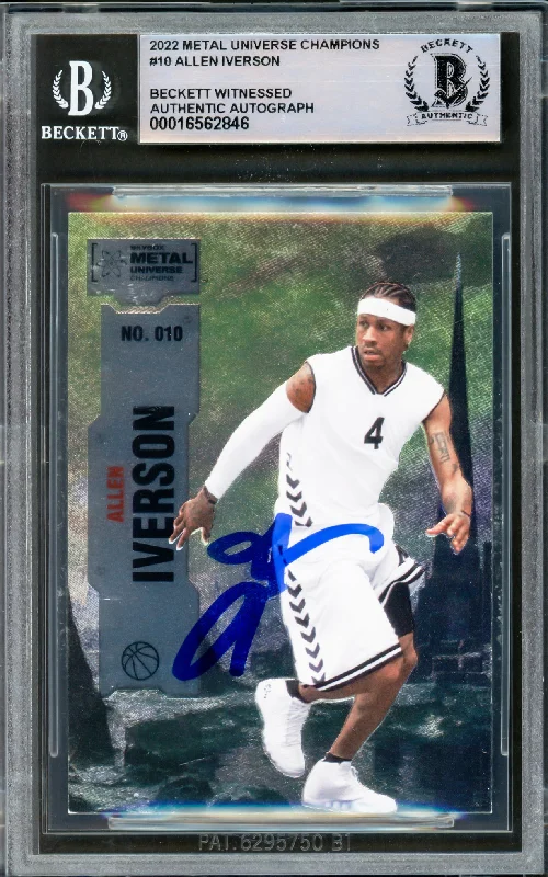 Basketball cards champion-rarity -Allen Iverson Autographed 2022 Metal Universe Champions Card #10 Philadelphia 76ers Beckett BAS Witnessed #16562846