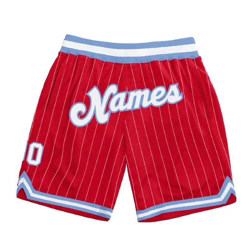 Men's basketball shorts durable material -Custom Red White Pinstripe White-Light Blue Authentic Basketball Shorts