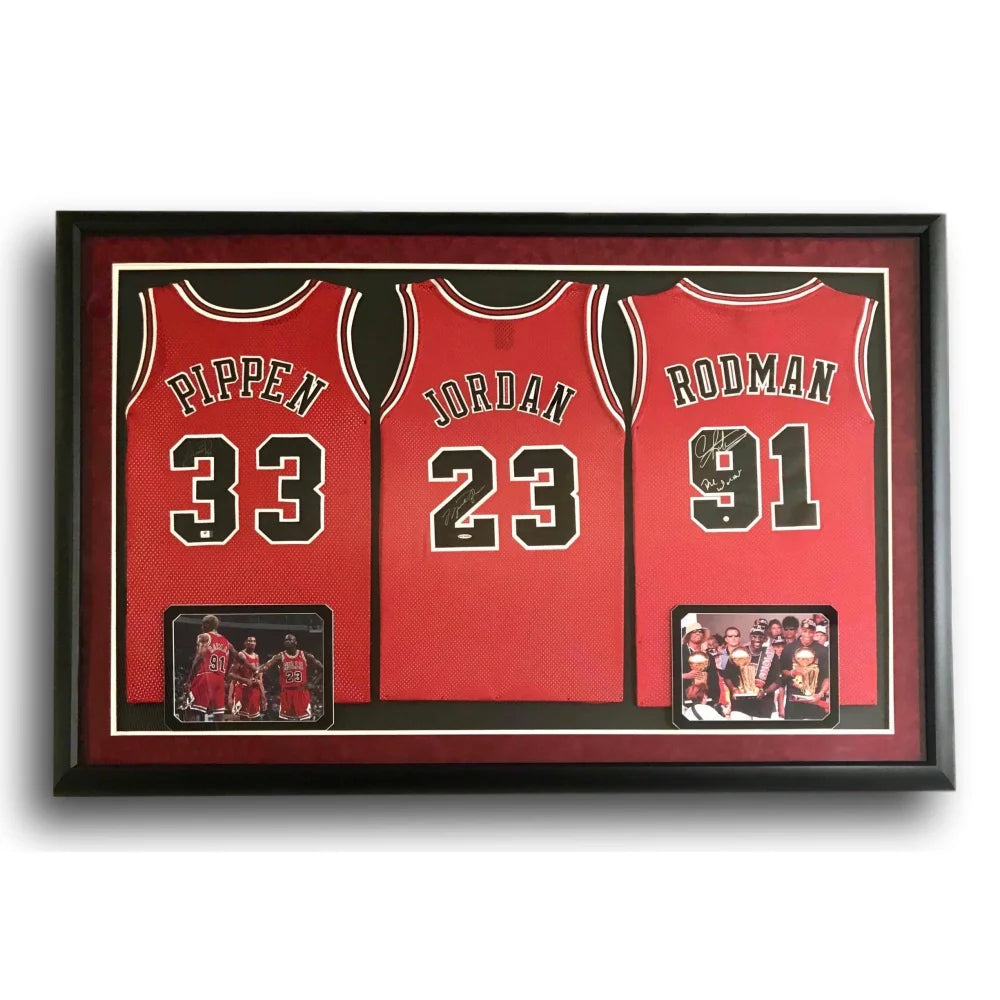 Basketball jerseys durable-pro -Michael Jordan Scottie Pippen Rodman Triple Signed Framed Bulls Jerseys UDA JSA