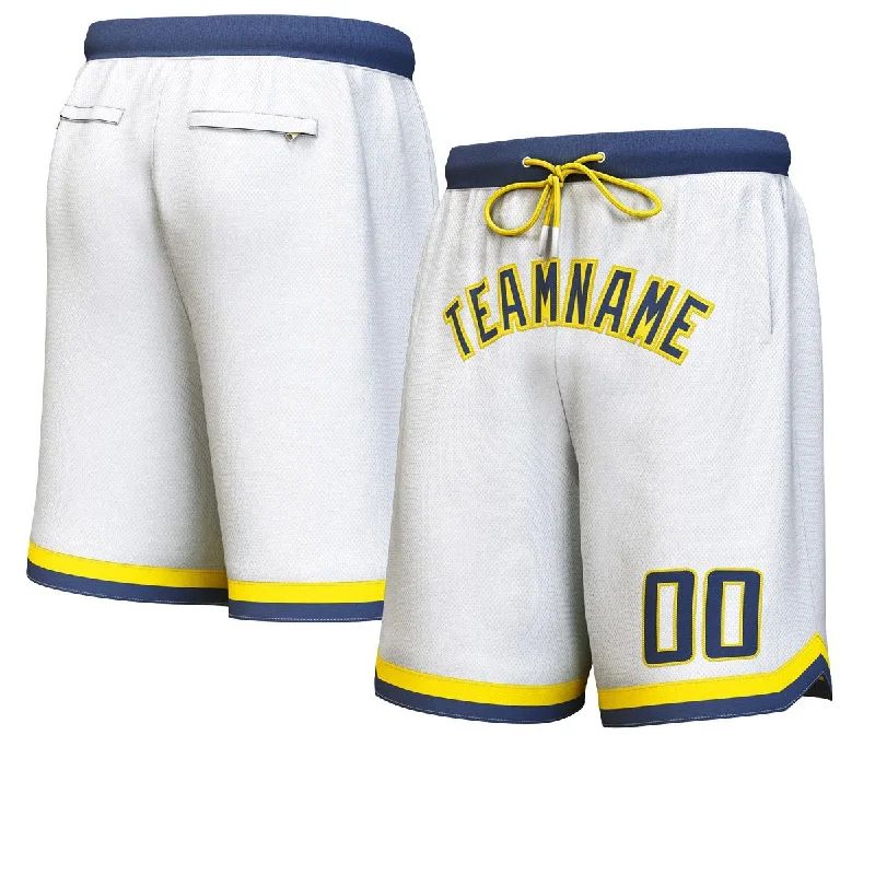 Men's basketball shorts pro collection -Custom White Navy-Yellow Personalized Basketball Shorts