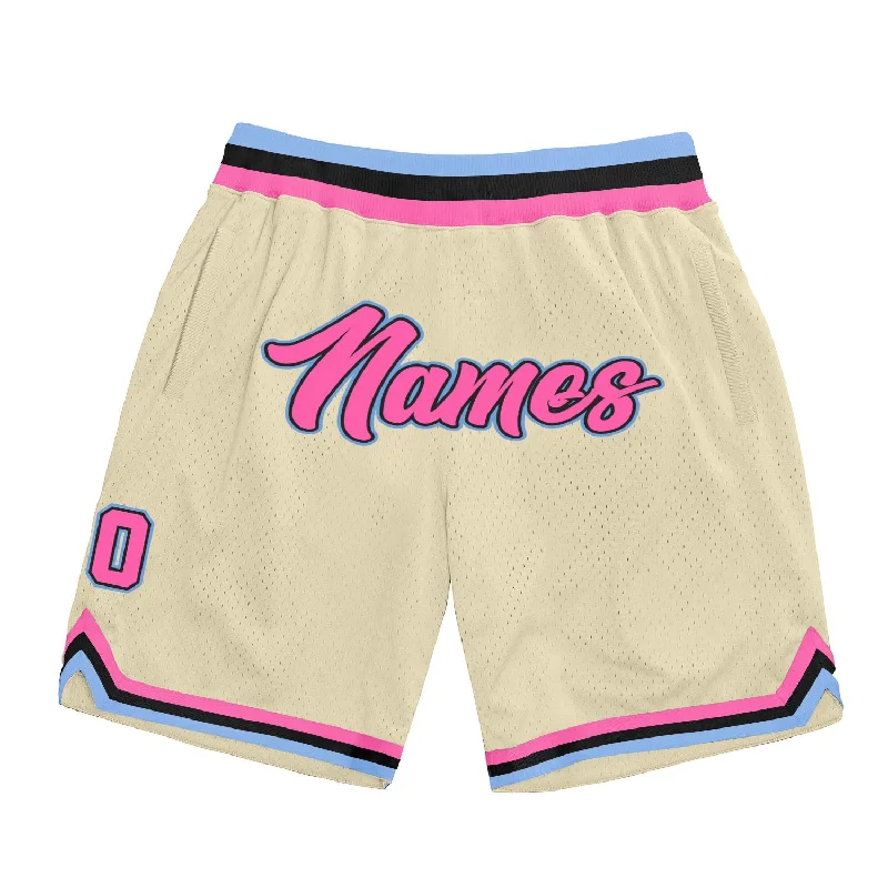 Men's basketball shorts quality sale -Custom Cream Pink-Light Blue Authentic Throwback Basketball Shorts