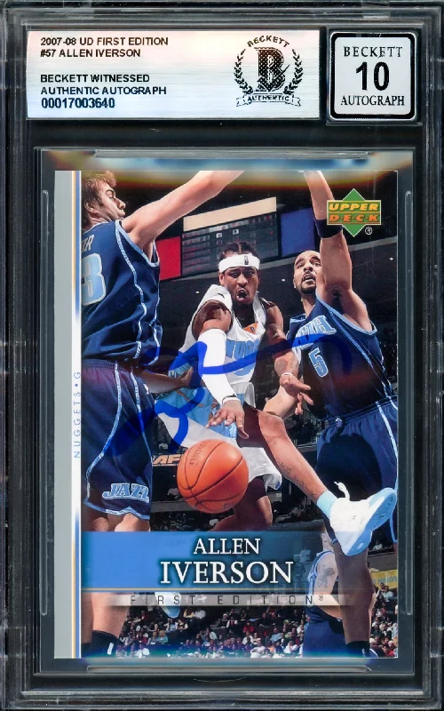 Basketball cards graded-elite -Allen Iverson Autographed 2007-08 Upper Deck First Edition Card #57 Denver Nuggets Auto Grade Gem Mint 10 Beckett BAS Witness #17003640