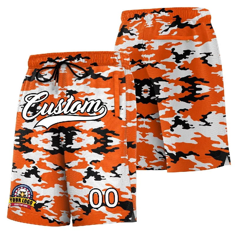 Men's basketball shorts breathable fabric -Custom Orange White Black Camo Basketball Shorts