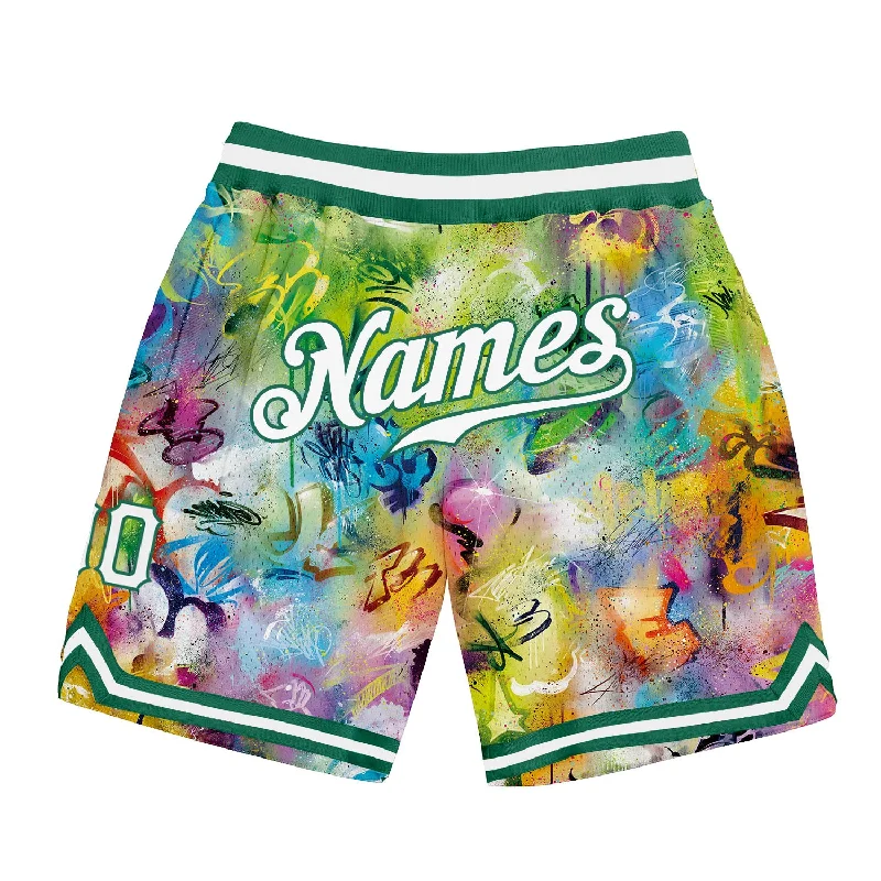 Men's basketball shorts custom pattern -Custom Scratch Graffiti Pattern White-Kelly Green 3D Authentic Basketball Shorts