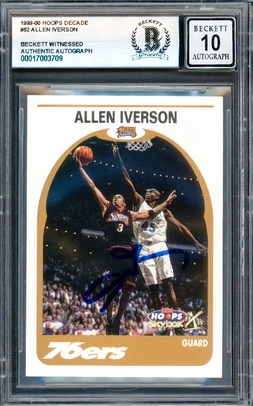 Basketball cards sleeve-rare -Allen Iverson Autographed 1999-00 Hoops Decade Card #62 Philadelphia 76ers Auto Grade Gem Mint 10 Beckett BAS Witness #17003709