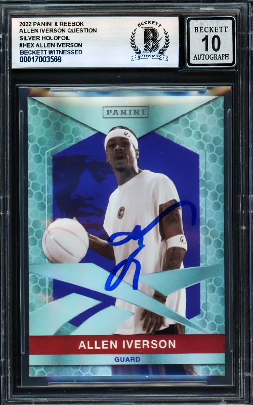 Basketball cards budget-rare -Allen Iverson Autographed 2022 Panini X Reebok Silver Holofoil Card #HEX Card Philadelphia 76ers Auto Grade Gem Mint 10 Beckett BAS Witness