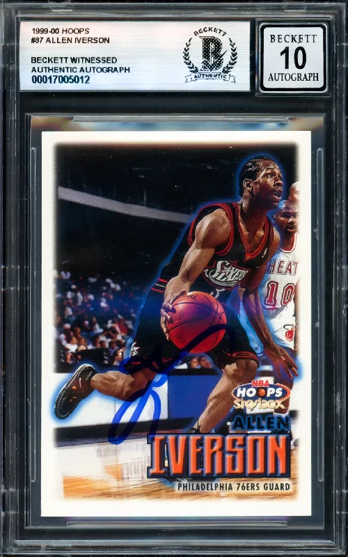 Basketball cards binder-rare -Allen Iverson Autographed 1999-00 Hoops Card #87 Philadelphia 76ers Auto Grade Gem Mint 10 Beckett BAS Witness #17005012