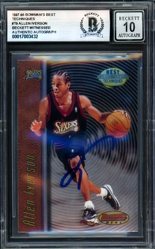 Basketball cards warm-up-rare -Allen Iverson Autographed 1997-98 Bowman's Best Techniques Card #T9 Philadelphia 76ers Auto Grade Gem Mint 10 Beckett BAS Witness #17003432