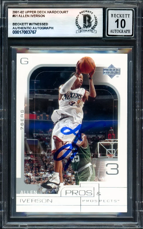 Basketball cards box-rare -Allen Iverson Autographed 2001-02 Upper Deck Hardcourt Card #61 Philadelphia 76ers Auto Grade Gem Mint 10 Beckett BAS Witness #17003767