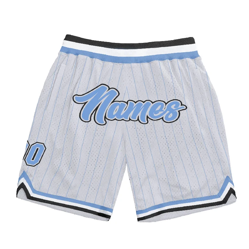 Men's basketball shorts custom stitching -Custom White Light Blue Pinstripe Light Blue-Black Authentic Basketball Shorts