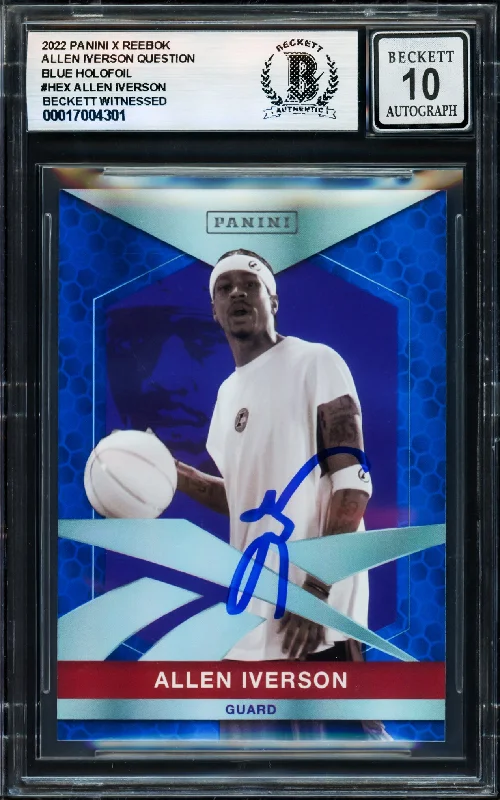 Basketball cards sealed-rarity -Allen Iverson Autographed 2022 Panini X Reebok Blue Holofoil Card #HEX Card Philadelphia 76ers Auto Grade Gem Mint 10 Beckett BAS Witness