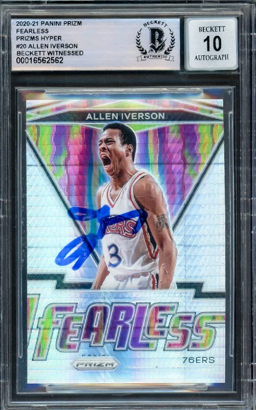 Basketball cards foil-rarity -Allen Iverson Autographed 2020-21 Panini Prizm Fearless Prizms Hyper Card #20 Philadelphia 76ers Auto Grade Gem Mint 10 Beckett BAS Witnessed