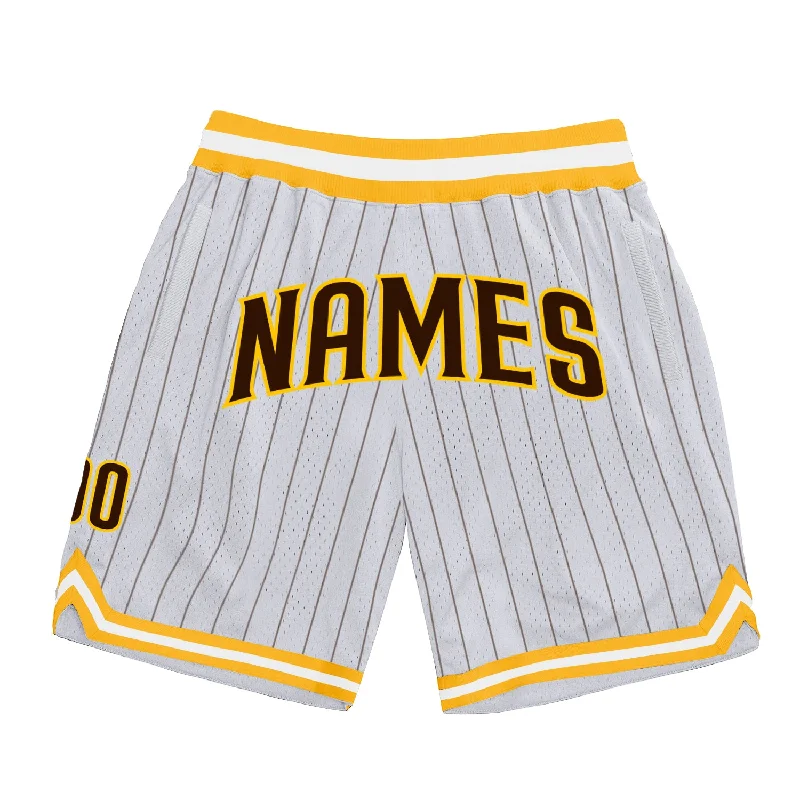 Men's basketball shorts player apparel -Custom White Brown Pinstripe Brown-Gold Authentic Basketball Shorts