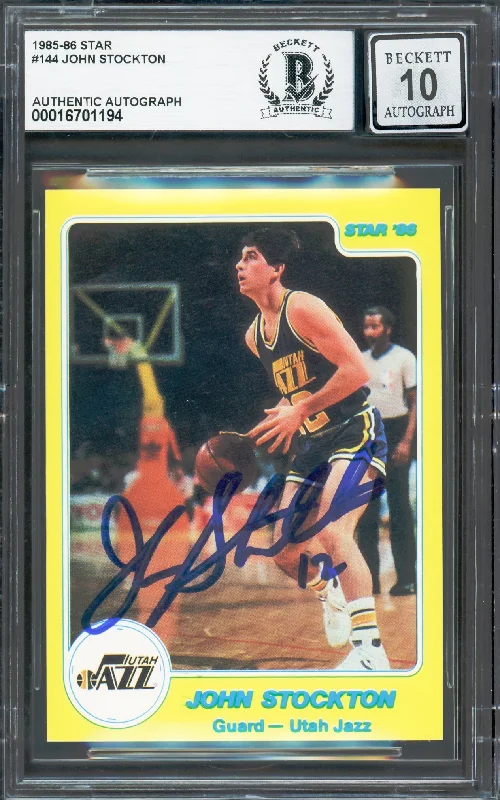 Basketball cards rare-edition -John Stockton Autographed 1985-86 Star Rookie Card #144 Utah Jazz Auto Grade Gem Mint 10 Beckett BAS #16701194