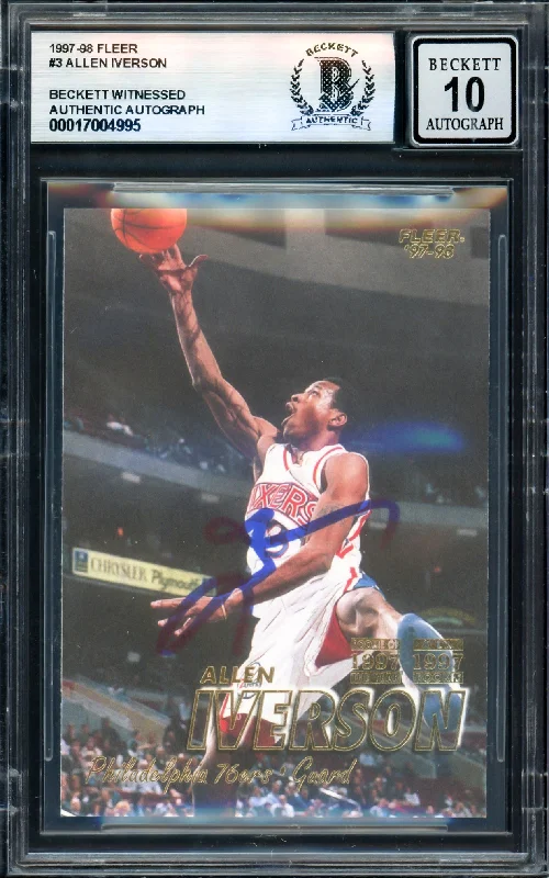 Basketball cards coach-rarity -Allen Iverson Autographed 1997-98 Fleer Card #3 Philadelphia 76ers Auto Grade Gem Mint 10 Beckett BAS Witness #17004995