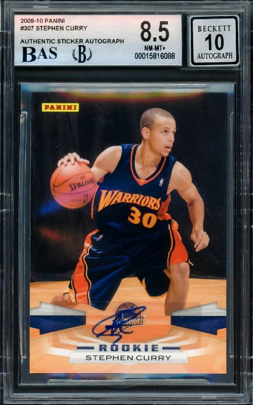 Basketball cards international-rare -Stephen Curry Autographed 2009-10 Panini Rookie Card #307 Golden State Warriors BGS 8.5 Auto Grade Gem Mint 10 Beckett BAS #15816088