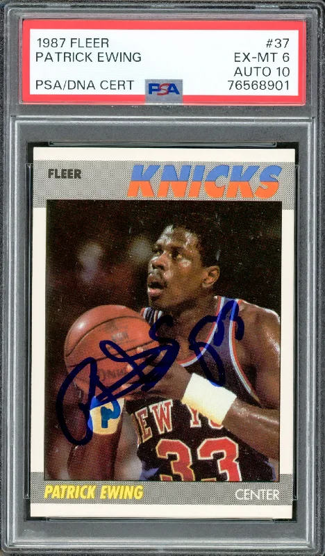 Basketball cards new-team-rarity -Patrick Ewing Autographed 1987-88 Fleer Card #37 New York Knicks PSA 6 Auto Grade Gem Mint 10 PSA/DNA #76568901