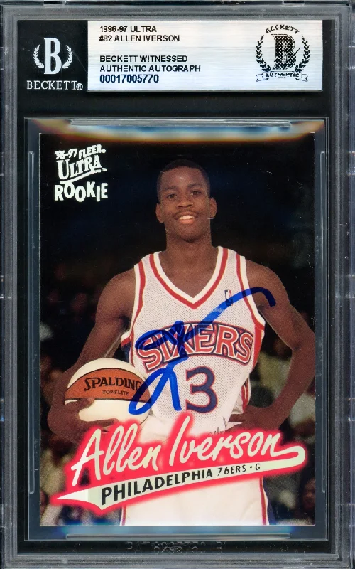 Basketball cards serial-classic -Allen Iverson Autographed 1996-97 Fleer Ultra Rookie Card #82 Philadelphia 76ers Beckett BAS Witness #17005770