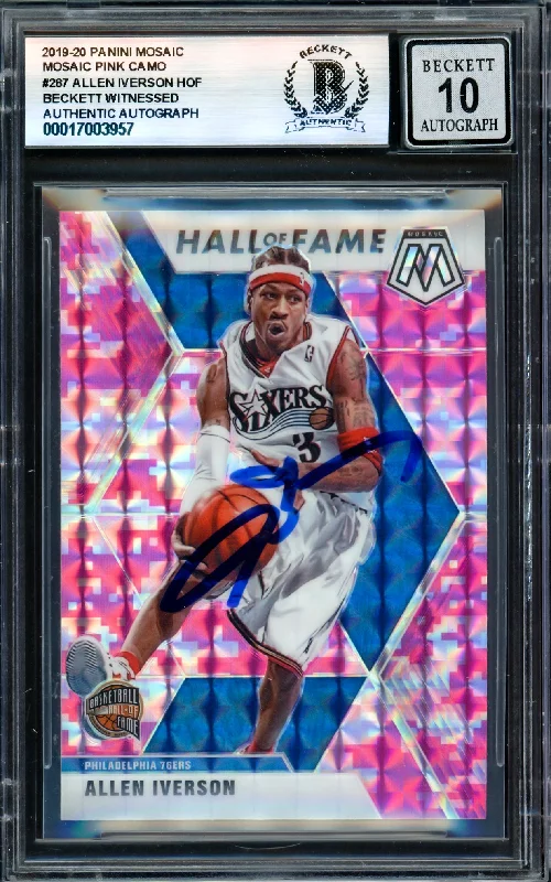 Basketball cards fan-made-rare -Allen Iverson Autographed 2019-20 Panini Mosaic Pink Camo Card #287 Philadelphia 76ers Auto Grade Gem Mint 10 Beckett BAS Witness #17003957