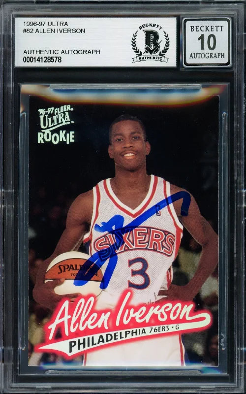 Basketball cards used-rare -Allen Iverson Autographed 1996-97 Fleer Ultra Rookie Card #82 Philadelphia 76ers Auto Grade Gem Mint 10 Beckett BAS Stock #220168