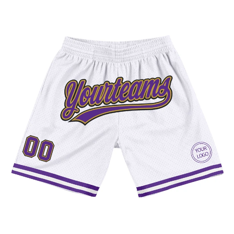 Men's basketball shorts sport apparel -Custom White Purple Old Gold-Black Authentic Throwback Basketball Shorts