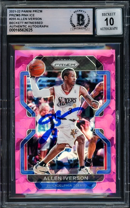 Basketball cards career-stat-rarity -Allen Iverson Autographed 2021-22 Panini Prizm Prizms Pink Ice Card #255 Philadelphia 76ers Auto Grade Gem Mint 10 Beckett BAS Witnessed #16562625