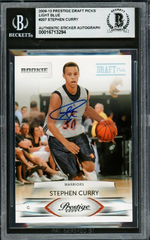 Basketball cards starter-rarity -Stephen Curry Autographed 2009-10 Prestige Draft Picks Light Blue Rookie Card #207 Golden State Warriors #303/999 Beckett BAS #16713294